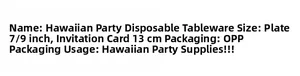 Detailed size specifications for Hawaii ALOHA party paper plates and invitation cards