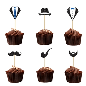 Glitter Paper Father's Day Cake Toppers Mustache Top Hat Necktie Bowtie Gentleman Theme Cupcake Picks Birthday Party Decorations