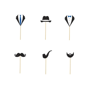 6pcs Father's Day party photo props with glitter black tie, hat, mustache and pipe decorations