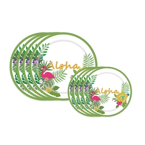 Tropical Aloha party set featuring flamingo and palm leaf disposable paper plates
