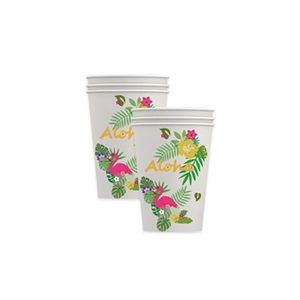 Tropical Aloha party paper cups with flamingo and palm leaf print for summer events