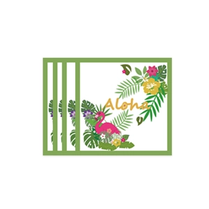 Tropical Aloha party tableware set featuring flamingos, palm leaves and hibiscus flowers