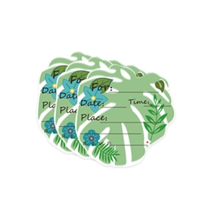 Tropical monstera leaf shaped party invitation cards with green foliage and floral patterns