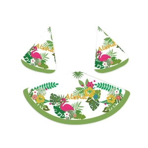 Tropical Aloha party set with flamingo, palm leaves and hibiscus floral decorations