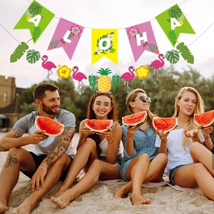 Tropical Aloha party banner set with flamingo and hibiscus decorations for beach birthdays