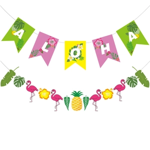 Tropical Hawaiian party banner set with Aloha letters, flamingos, pineapples and leaves