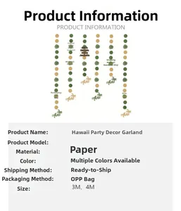 Detail view of Hawaiian party garland with Aloha palm tree and green monstera leaf discs