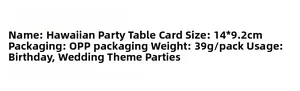 Specifications of Hawaiian party table cards sized 14x9.2cm for weddings and birthdays