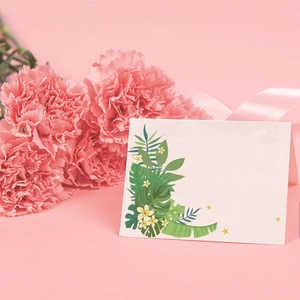 Hawaiian tropical style mini thank you card with exotic green leaves and pink floral decor