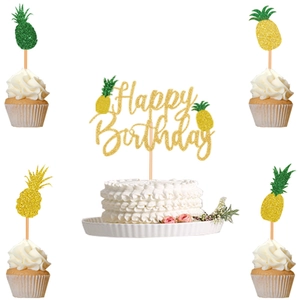 Happy Birthday Cake Toppers Hawaiian Theme Tropical Pineapple Flamingo Glitter Paper Decorations For Birthday Party