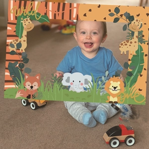 Wild One jungle animal photo booth frame for kids first birthday party decoration