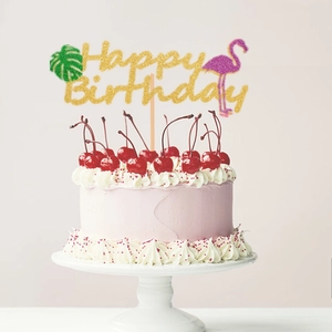 Glittery Happy Birthday cake topper with flamingo and leaf for summer party decor