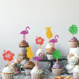 Tropical cupcake toppers with flamingo pineapple and palm leaf designs for summer party decor
