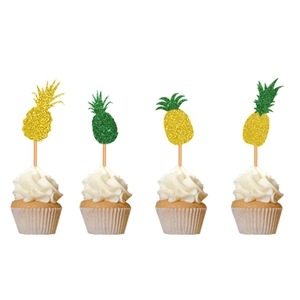 Glitter pineapple cupcake toppers in gold and green for summer birthday party cake decor