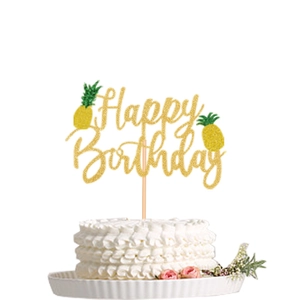 Golden pineapple Happy Birthday cake topper with tropical theme glitter design