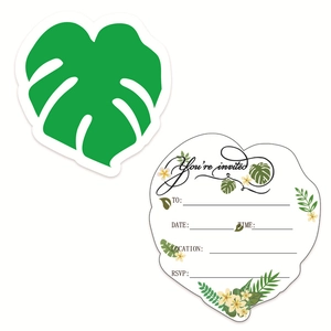 Lot d'invitations de fête Hawaii en forme de feuille de monstera tropicale avec fleurs