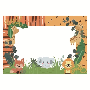 Wild One themed first birthday photo frame prop featuring jungle animal illustrations