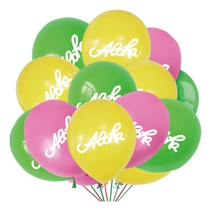 Detail of colorful Aloha printed latex balloons for Hawaiian themed party decoration