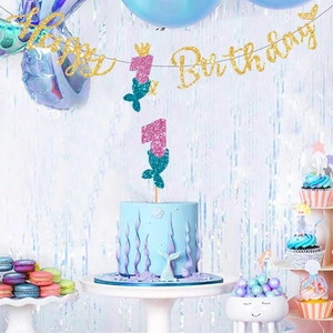 Bannière pailletée Happy Birthday sirène et décoration de gâteau chiffre 1 rose