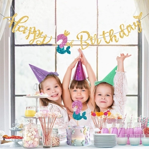 Kit déco sirène 2ème anniversaire avec bannière pailletée et décoration de gâteau