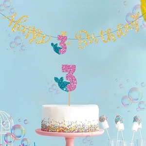 Guirlande pailletée Happy 3rd Birthday et topper sirène pour décoration de fête