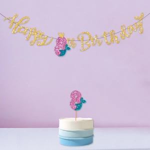 Banderole Happy Birthday Thème Sirène et Décoration de Gâteau Queue de Sirène Décorations Suspendues en Papier Pailleté pour Fête d'Anniversaire de Fille