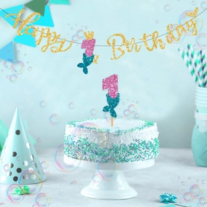 Banderole Happy Birthday sirène avec paillettes dorées et décoration de gâteau queue