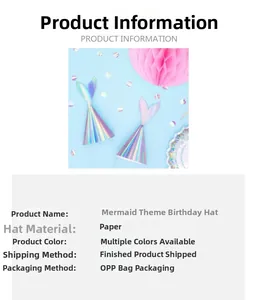 Macro detail of iridescent mermaid paper party hat with fin topper on blue background