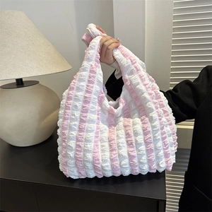 Damen Popcorn Textur Tragetasche PU Leder Große Kapazität Schultertasche Casual Plissiert Einfarbig Gestreift Handtasche Alltagstasche