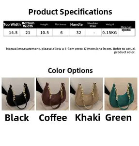 Size chart showing dimensions and colors for the vintage crescent saddle underarm bag