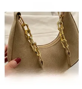 Detail shot of khaki hobo bag with chunky gold chain and suede texture finish