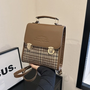 Borsa a tracolla vintage a quadri in pelle PU marrone con fibbie dorate