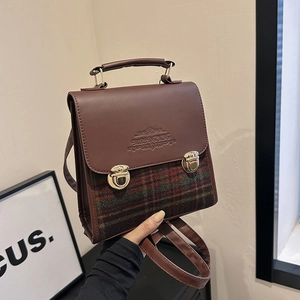 Borsa a tracolla retrò a quadri con finiture in pelle PU marrone e chiusura vintage