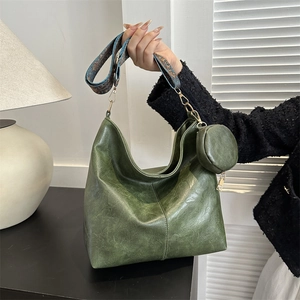 Green vintage hobo tote bag with retro jacquard wide strap and small round coin purse