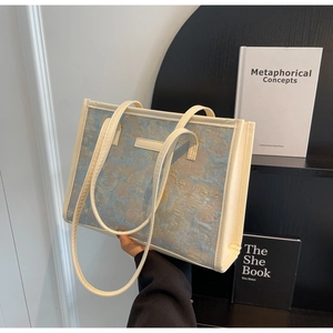 Sac fourre-tout tendance en jacquard avec chaîne de perles en bleu clair et or champagne