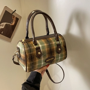 Women Vintage Plaid Woolen Boston Bag Small Cylindrical Shoulder Crossbody Bag Checkered Handbag For Winter Autumn Daily Wear