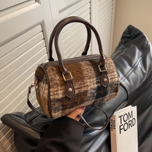 Fashionable brown plaid plush cylindrical handbag with detachable crossbody shoulder strap