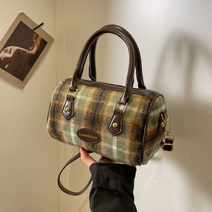 Retro plaid woolen Boston bag with leather handles for women's autumn winter fashion