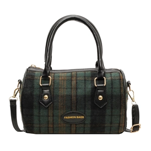 Retro plaid cylinder Boston bag in dark green wool fabric with leather handles