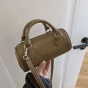 Borsa a Tracolla a Cilindro in Pelle PU Vintage da Donna Borsa Boston Fashion Lettere Goffrate Tracolla Rimovibile