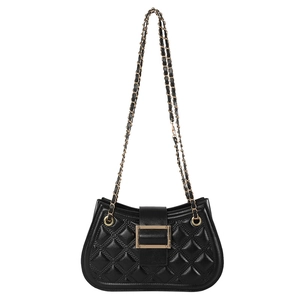 Classic black quilted crossbody bag with gold chain strap and metallic buckle closure