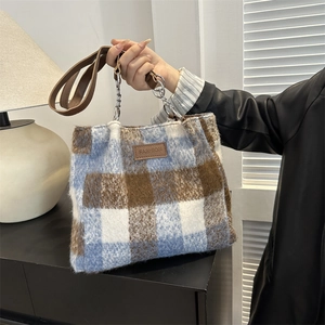 Retro plaid wool tote bag with blue and brown patterns and chain shoulder strap