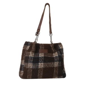 Retro plaid wool tote bag with leather straps and Fashion label for winter season