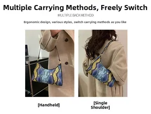 Detail of yellow and blue snake pattern handbag showing handheld and shoulder bag styles