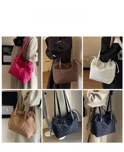 Collage of quilted nylon tote bags in diverse colors with drawstring closure and leather straps