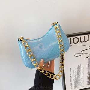 Fashionable light blue sequin hobo bag with a chunky gold chain strap for women