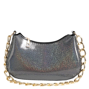 Silver sequin hobo bag with thick gold chain strap and iridescent sparkling finish