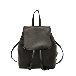 Minimalist black PU leather backpack with litchi texture and drawstring flap closure