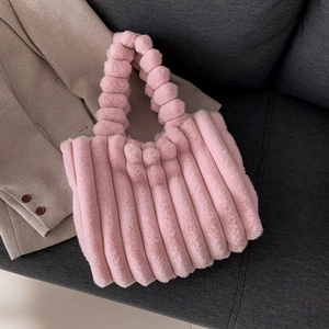Women Fashion Plush Tote Bag Soft Faux Fur Handbag Vertical Striped Fluffy Shoulder Bag Large Capacity Winter Top Handle Bag