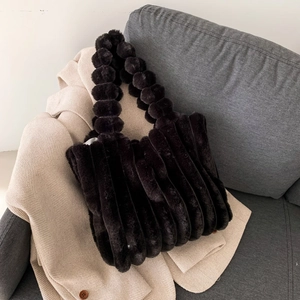 Chic dark brown faux fur tote bag with a soft pleated bubble design for autumn winter fashion